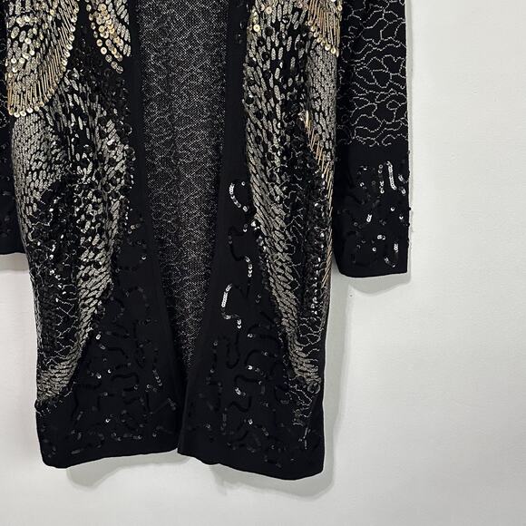 Chicos Sequin Open Front Jacket M Cardigan Black Gold Party Cocktail Knit Bling - Picture 3 of 10